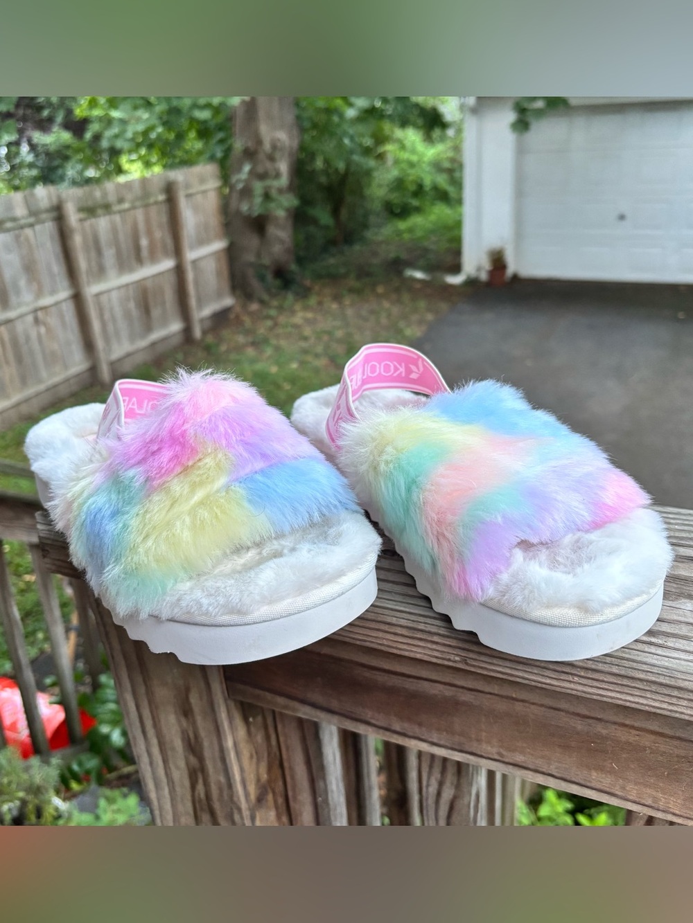 Koolaburra UGG Pastel Rainbow Faux-Fur Slide Sandals with Pink Heel Strap